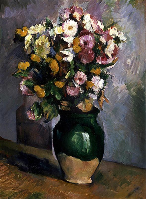 Naturaleza muerta con flores en un tarro de oliva