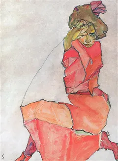 Rodillas Mujer en naranja-rojo vestido