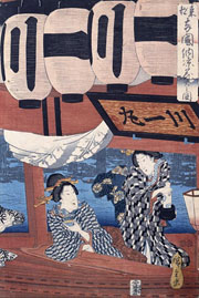 Cuadro de Utagawa Hiroshige - Disfrutar de los fuegos artificiales y el fresco de la noche en Ryogoku puente en la capital del este