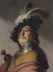 Cuadro de Rembrandt Harmenszoon van Rijn  - Busto de un hombre en un gorget y una boina emplumada