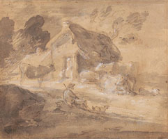 Cuadro de Thomas Gainsborough - Paisaje abierto con figuras, vacas y cabaña