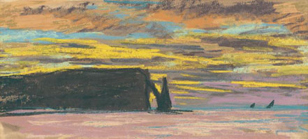 Cuadro de Oscar-Claude Monet - Etretat, Aiguille y Porte d`Aval, Puesta de sol