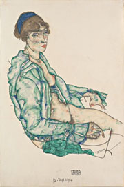 Cuadro de Egon Leo Adolf Schiele - Sentado semi-desnuda con azul Hairband
