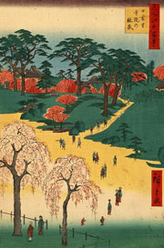 Cuadro de Utagawa Hiroshige - La vista de Hiroshige cerca de la colina de Ueno ofrece dos cerezos llorosos agraciados en el primero plano