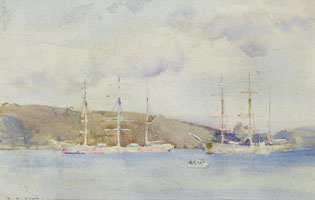 Cuadro de Henry Scott Tuke - Windjammers acostados en las carreteras de Carrick por encima de Falmouth