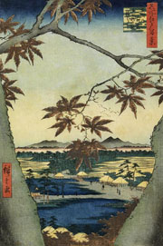Cuadro de Utagawa Hiroshige - Las hojas de arce de la Mama, el santuario de Tekona y el puente de Tsugi
