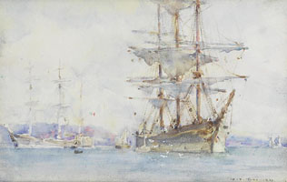 Cuadro de Henry Scott Tuke - Windjammers que mienten en sus amarres mientras que esperan la carga en Falmouth