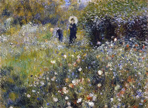 Mujer con un parasol en un jardín
