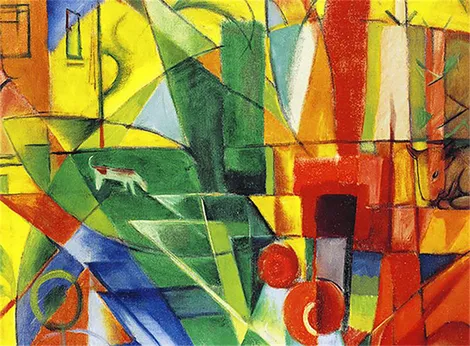 Paisaje con casa, perro y ganado