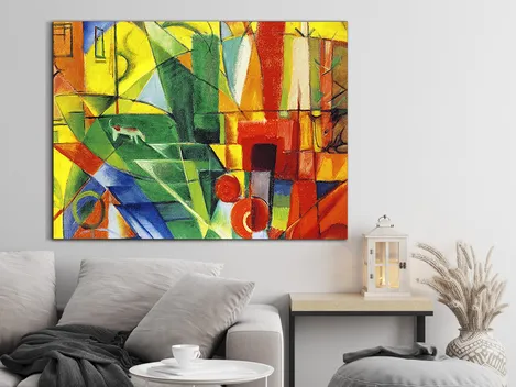 Paisaje con casa, perro y ganado
